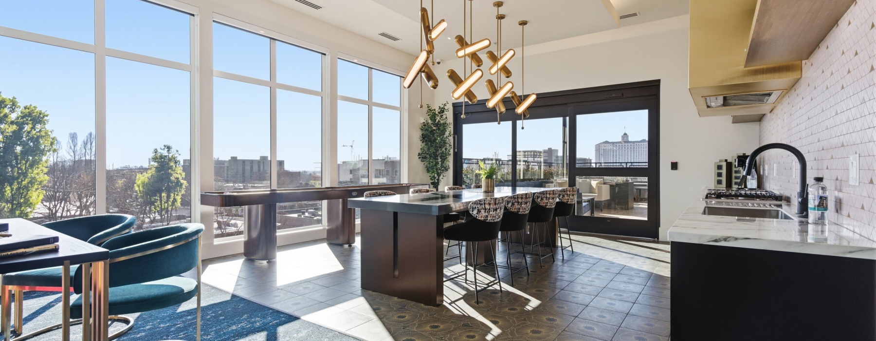 Rooftop Lounge with Shuffleboard, Kitchen, lounge area with television, private workstations, large-group dining options.