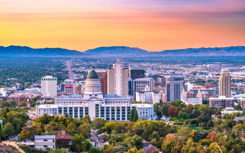 salt lake city taken from the top of city creek canyon at sunset